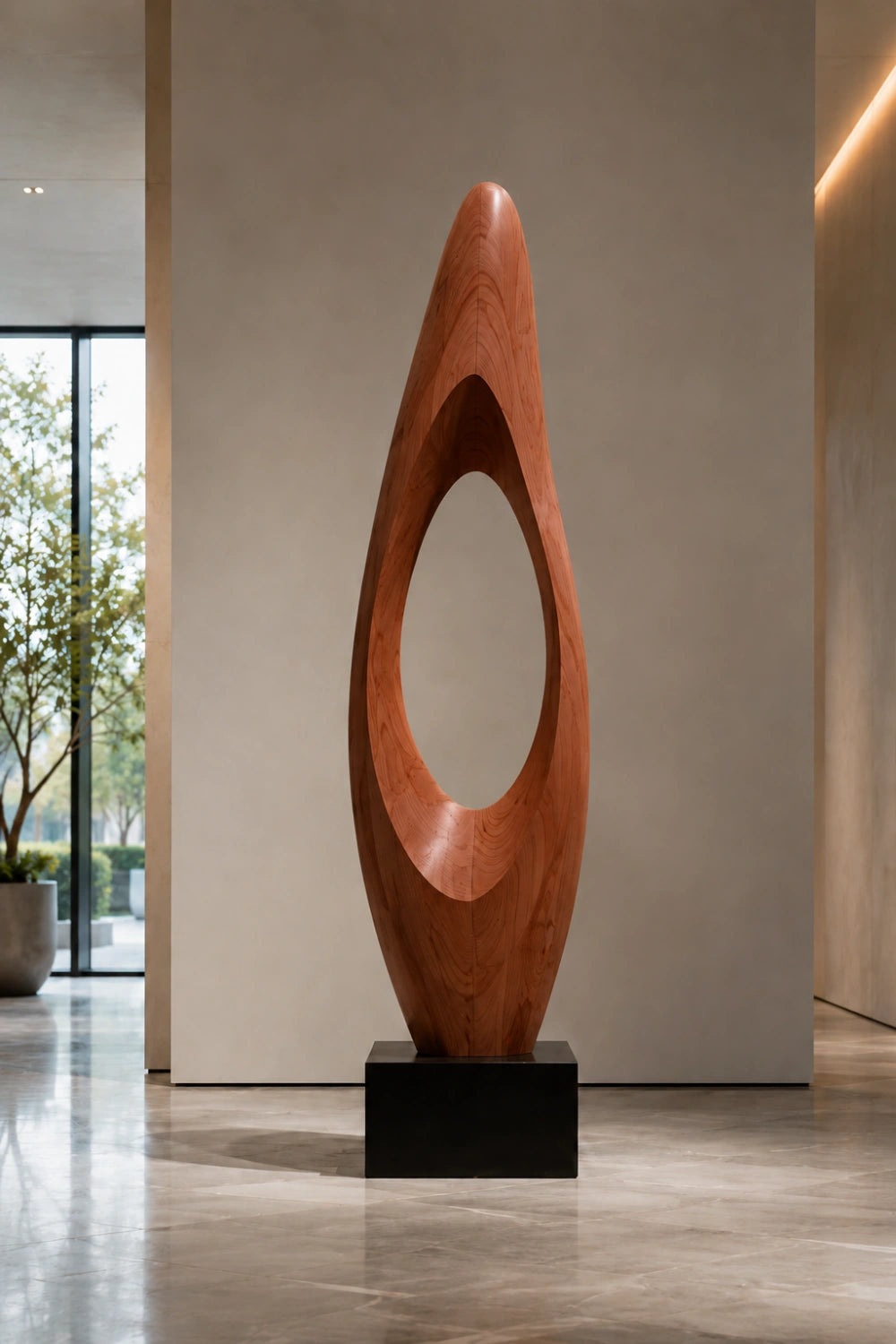 Modern Abstract Large Wood Floor Sculpture | Tall Hollow Art for Luxury Space Decor