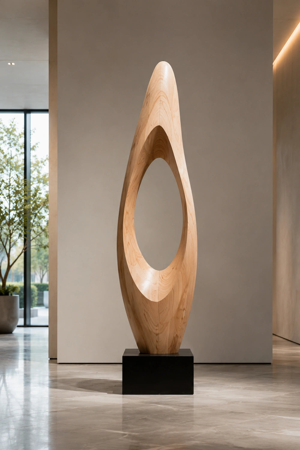 Modern Abstract Large Wood Floor Sculpture | Tall Hollow Art for Luxury Space Decor