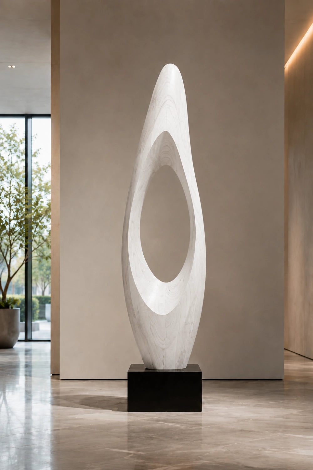 Modern Abstract Large Wood Floor Sculpture | Tall Hollow Art for Luxury Space Decor