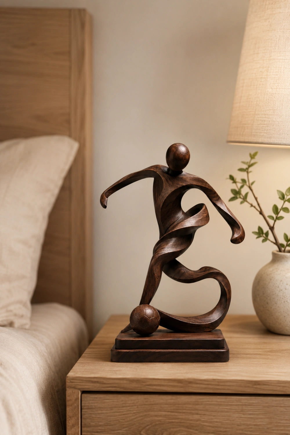 Abstract Wooden Soccer Statue | Handcrafted World Cup Sports Art Decor