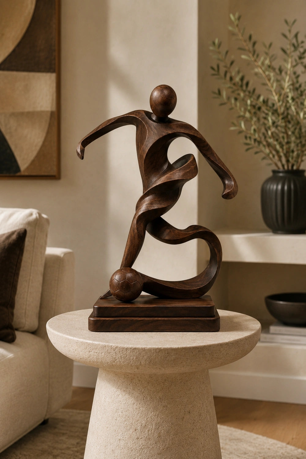 Abstract Wooden Soccer Statue | Handcrafted World Cup Sports Art Decor