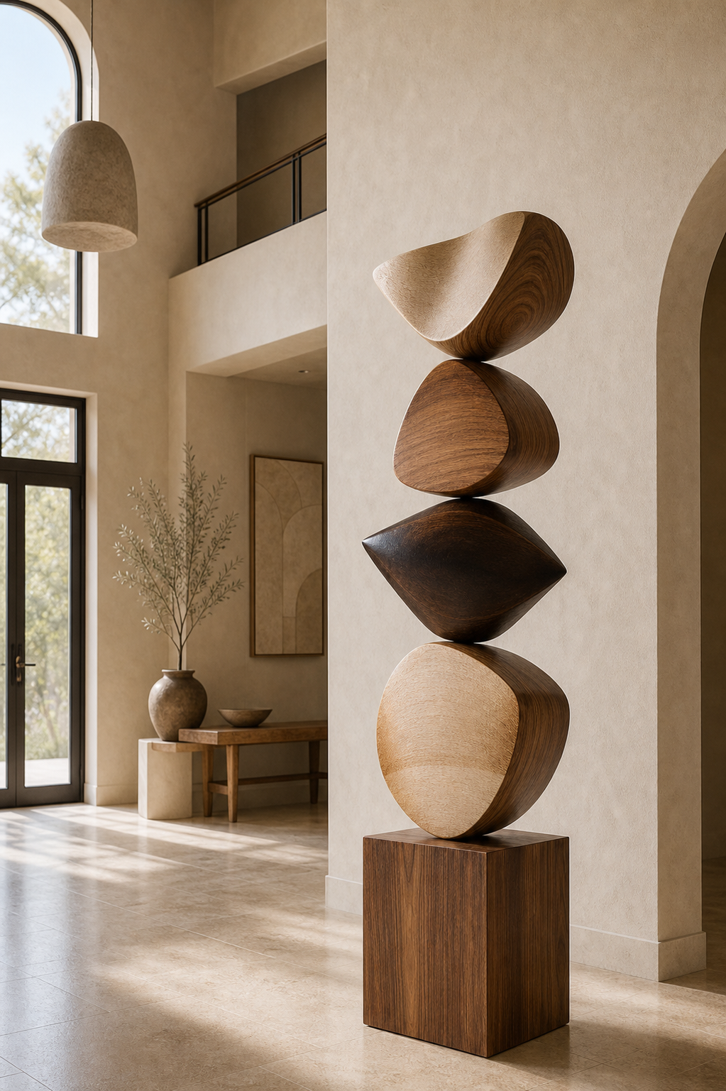 Handmade Stacked Wood Statue Natural Walnut And Oak Finish Contemporary Abstract Sculpture For Home
