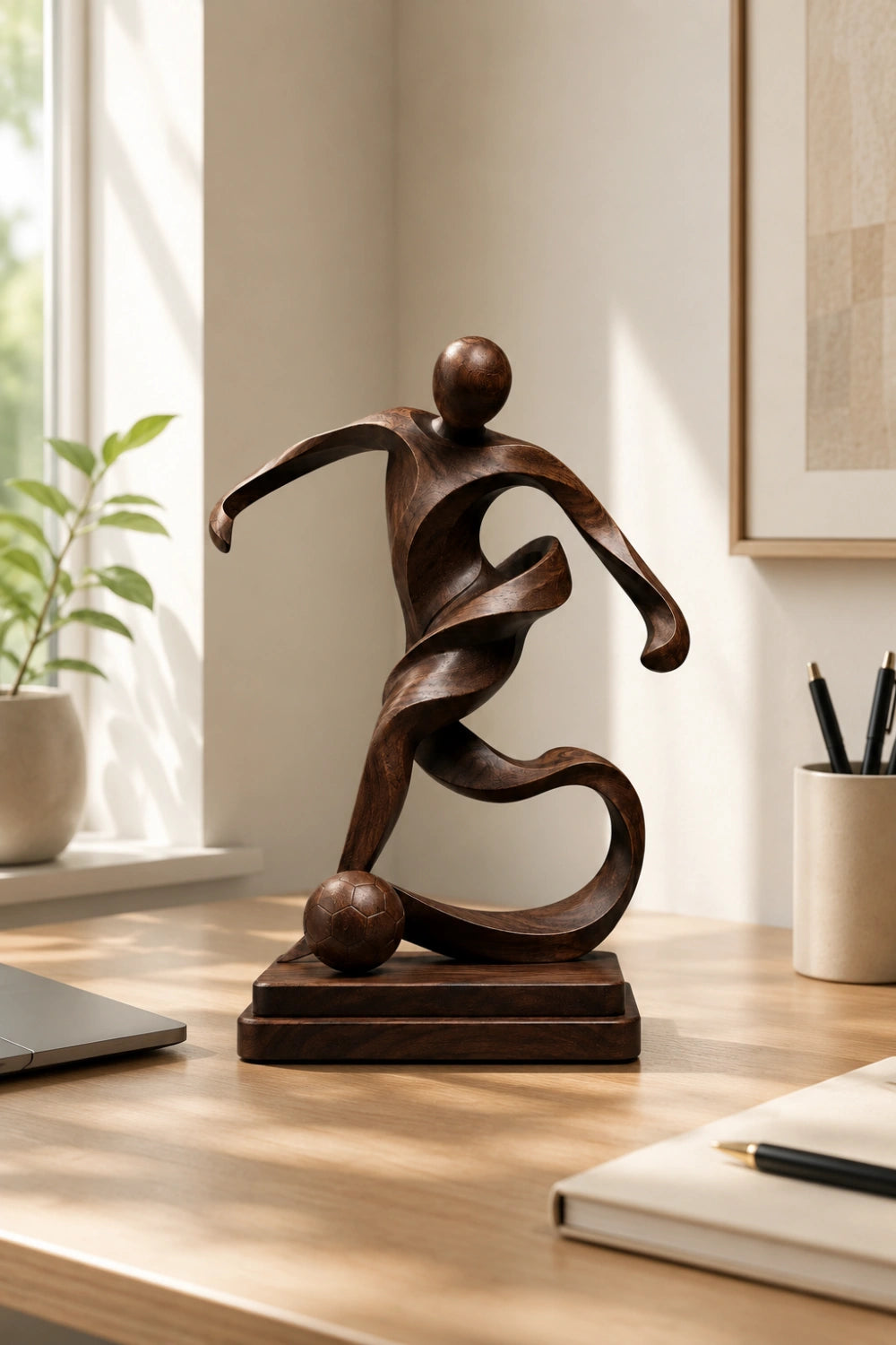 Abstract Wooden Soccer Statue | Handcrafted World Cup Sports Art Decor