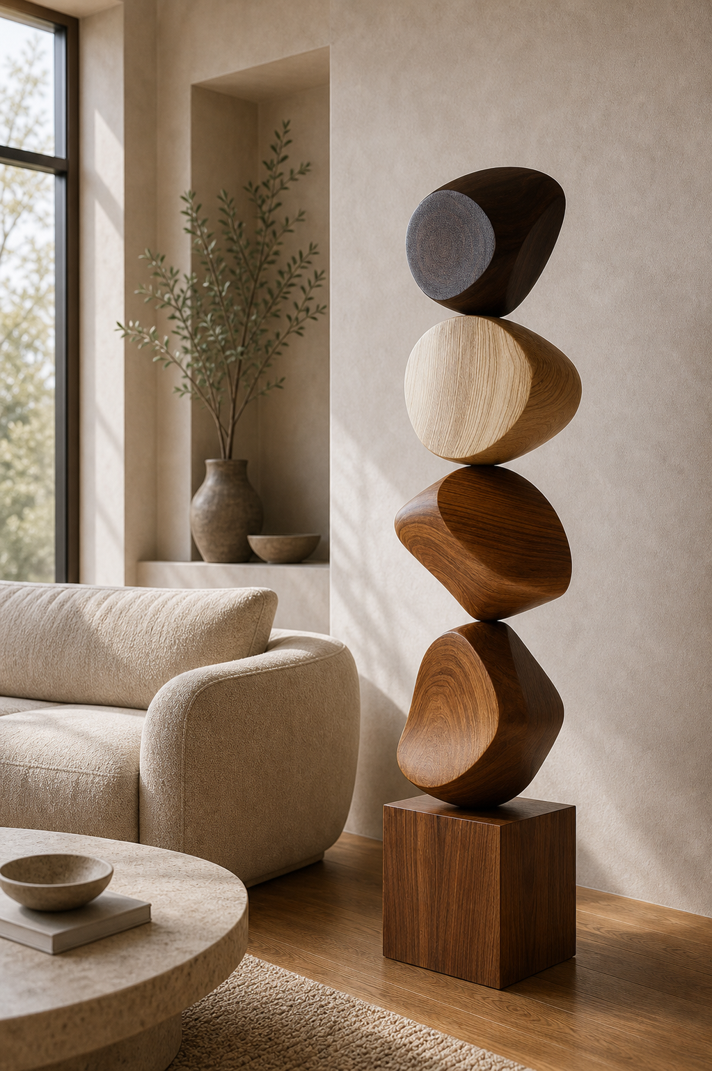 Large Abstract Wooden Floor Sculpture For Modern Minimalist Home Decor And Living Room Design