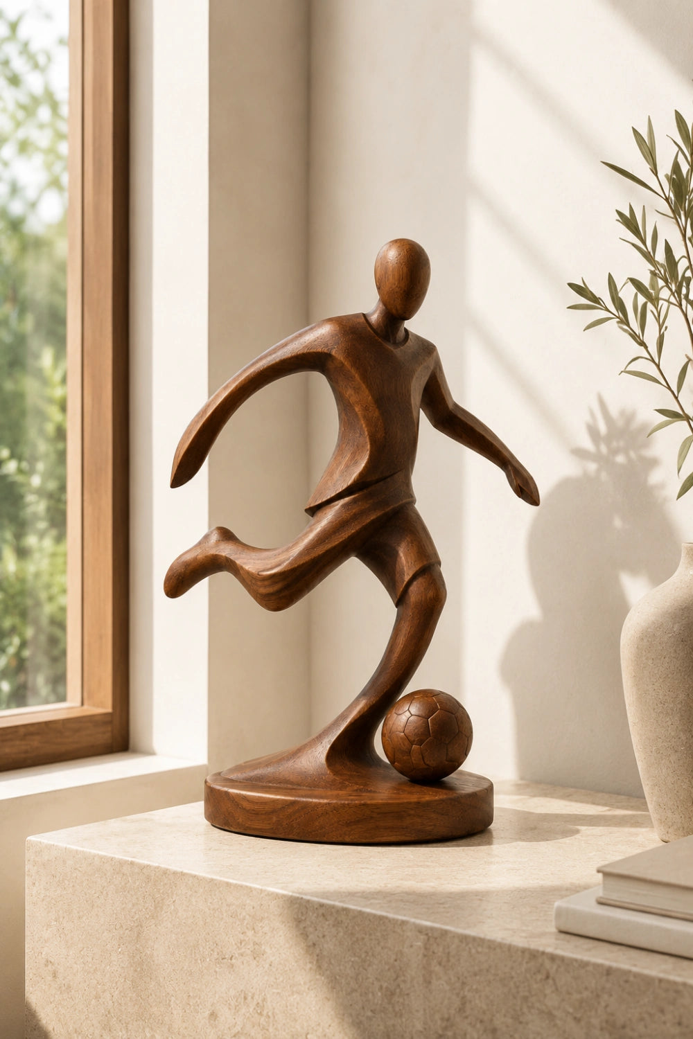 Sleek Wood Soccer Striker Figurine | Minimalist World Cup Tabletop Art