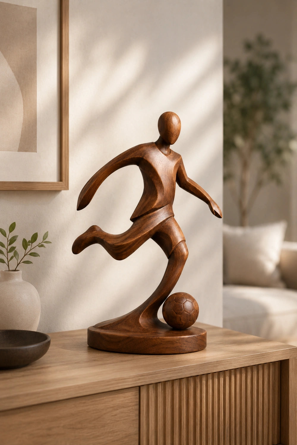 Sleek Wood Soccer Striker Figurine | Minimalist World Cup Tabletop Art