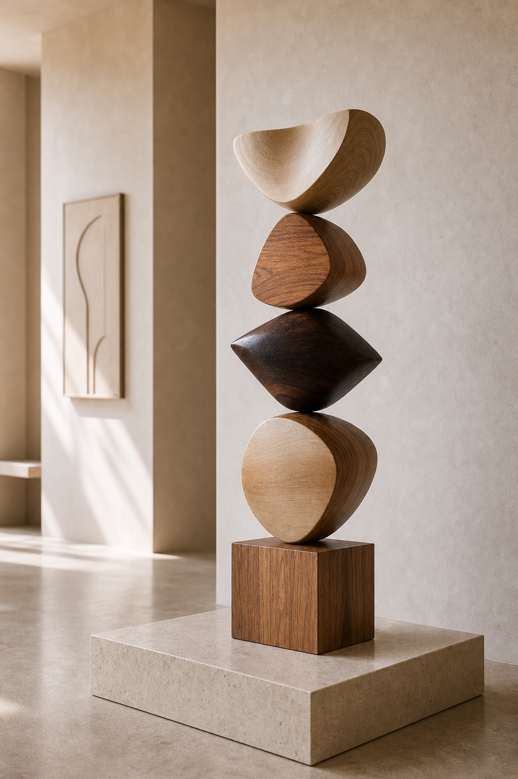 Large Hand-Carved Walnut Wood Abstract Sculpture For Modern Living Room Decor