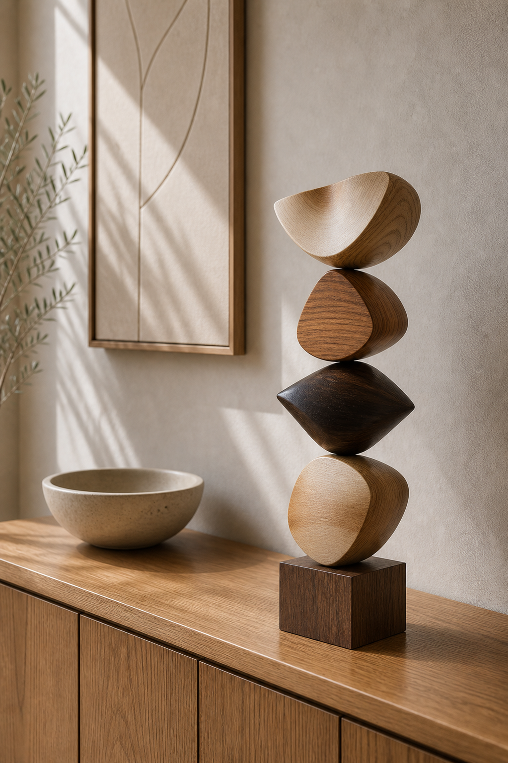 Large Hand-Carved Walnut Wood Abstract Sculpture For Modern Living Room Decor