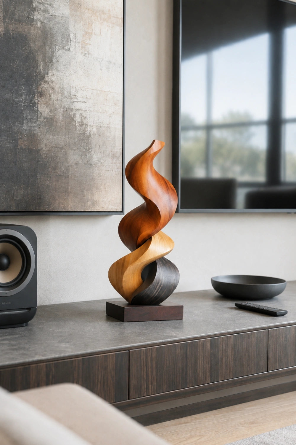 Abstract Spiral Wood Sculpture | Multi-Tone Twisting Flame Decor | Luxury Art Piece