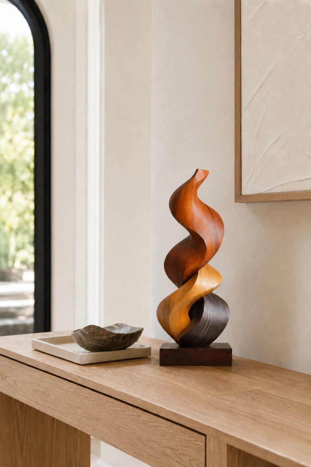 Abstract Spiral Wood Sculpture | Multi-Tone Twisting Flame Decor | Luxury Art Piece