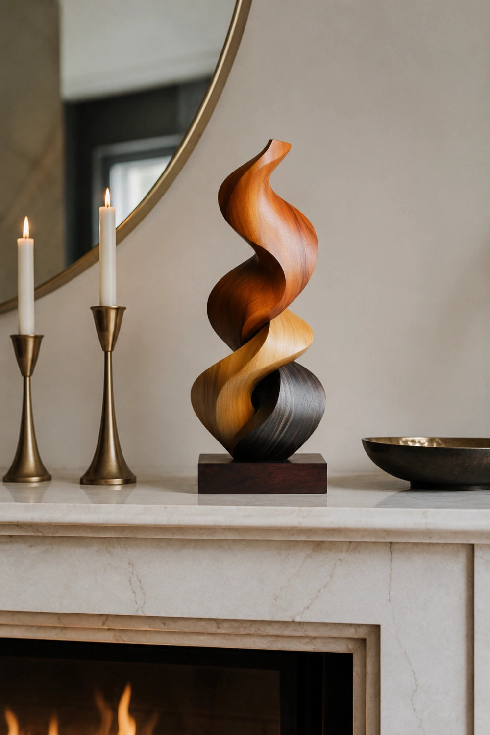 Abstract Spiral Wood Sculpture | Multi-Tone Twisting Flame Decor | Luxury Art Piece