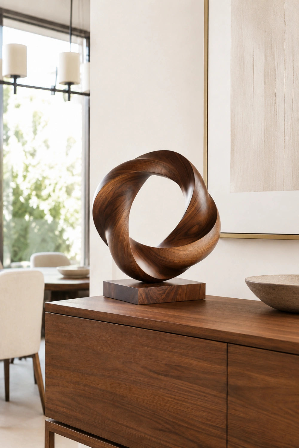 Twisted Torus Wood Sculpture | Contemporary Vortex Ring Decor | Sophisticated Gift