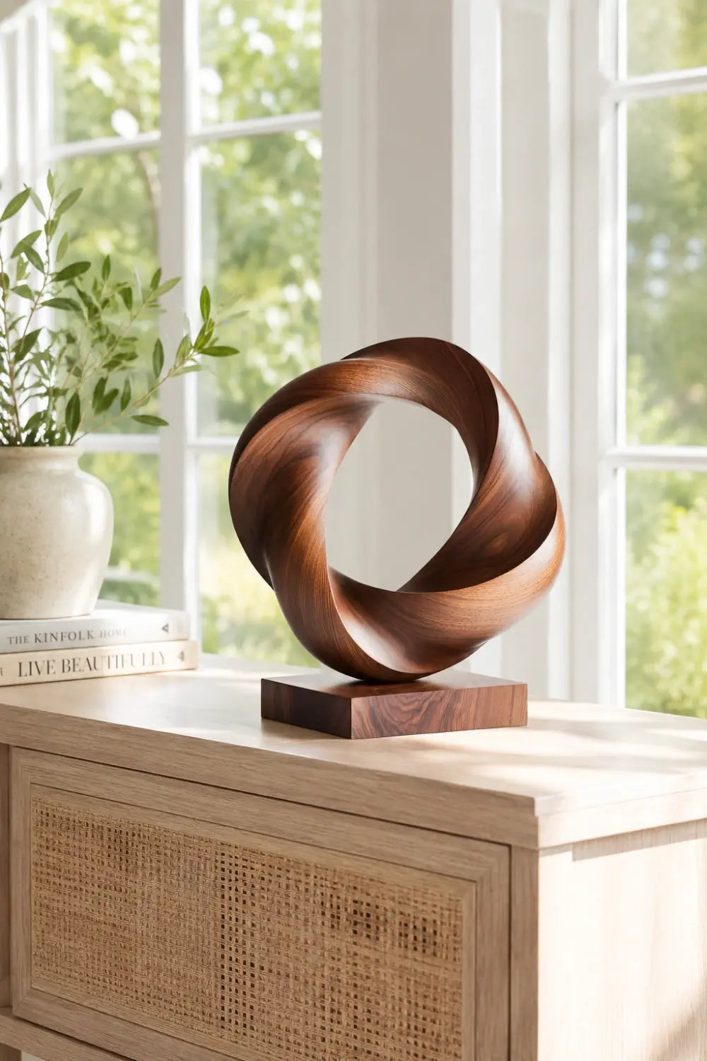 Twisted Torus Wood Sculpture | Contemporary Vortex Ring Decor | Sophisticated Gift