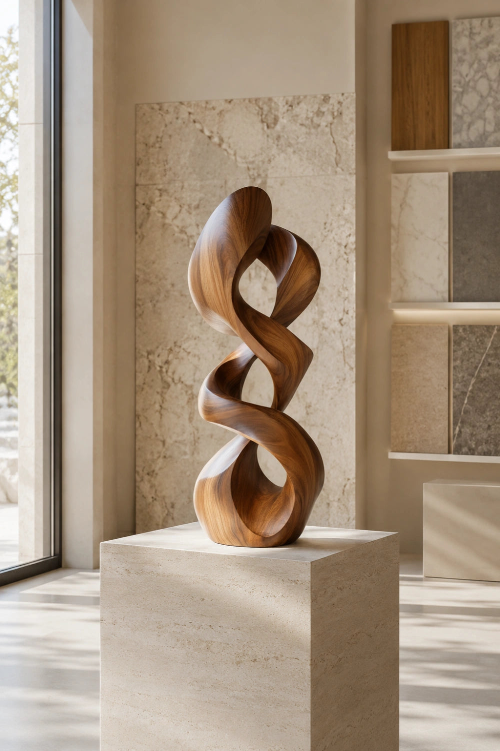 Interwoven Double Helix Wood Sculpture | Kinetic Modern Column Decor