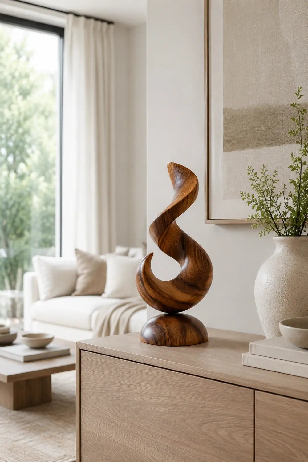 Abstract Flame Wood Sculpture | Contemporary Wave Art Decor