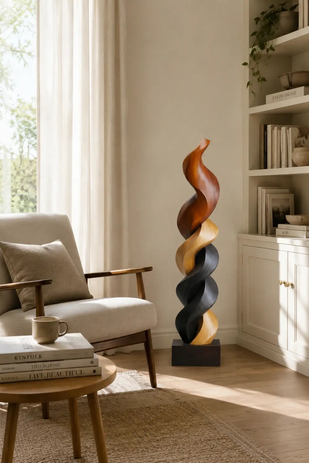 Large Multi-Wood Spiral Sculpture | Tri-Tone Totem Corner Decor | Luxury Statement Art Piece