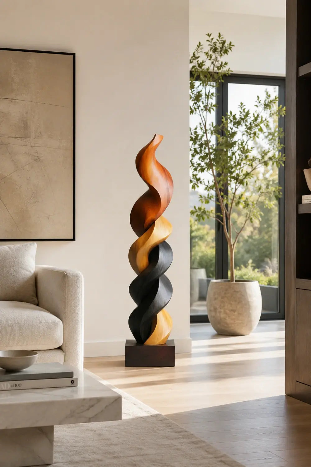 Large Multi-Wood Spiral Sculpture | Tri-Tone Totem Corner Decor | Luxury Statement Art Piece