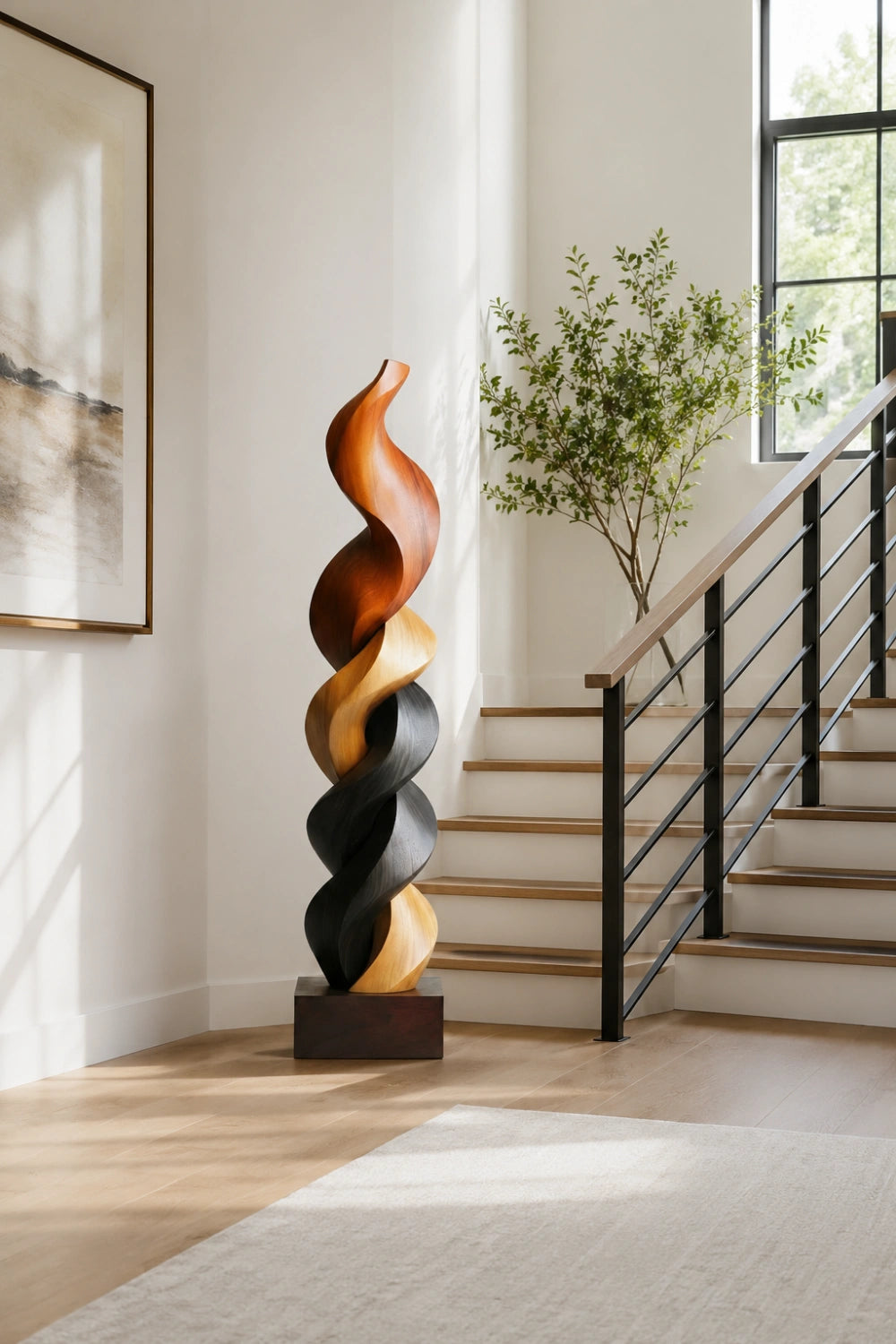 Large Multi-Wood Spiral Sculpture | Tri-Tone Totem Corner Decor | Luxury Statement Art Piece