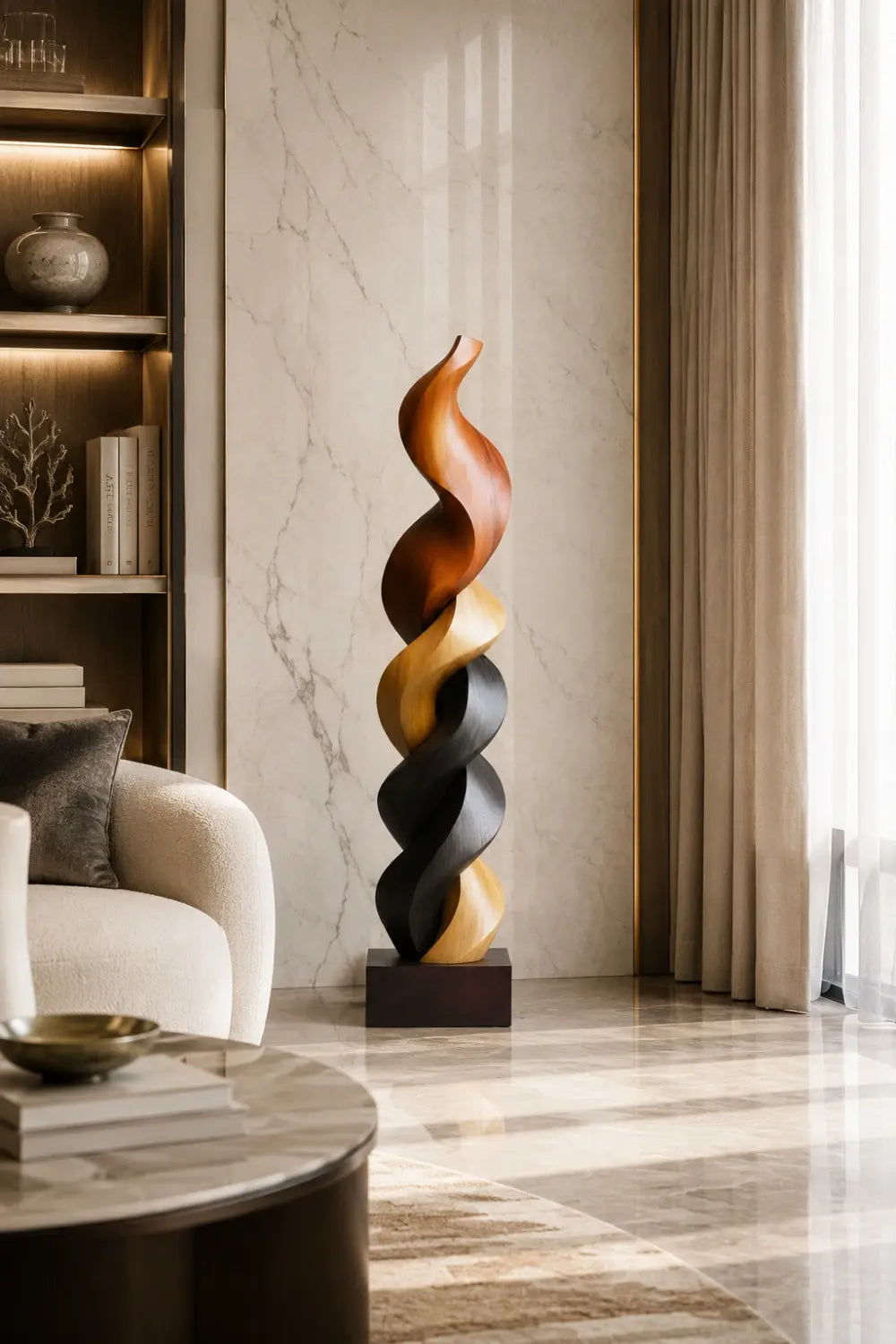 Large Multi-Wood Spiral Sculpture | Tri-Tone Totem Corner Decor | Luxury Statement Art Piece