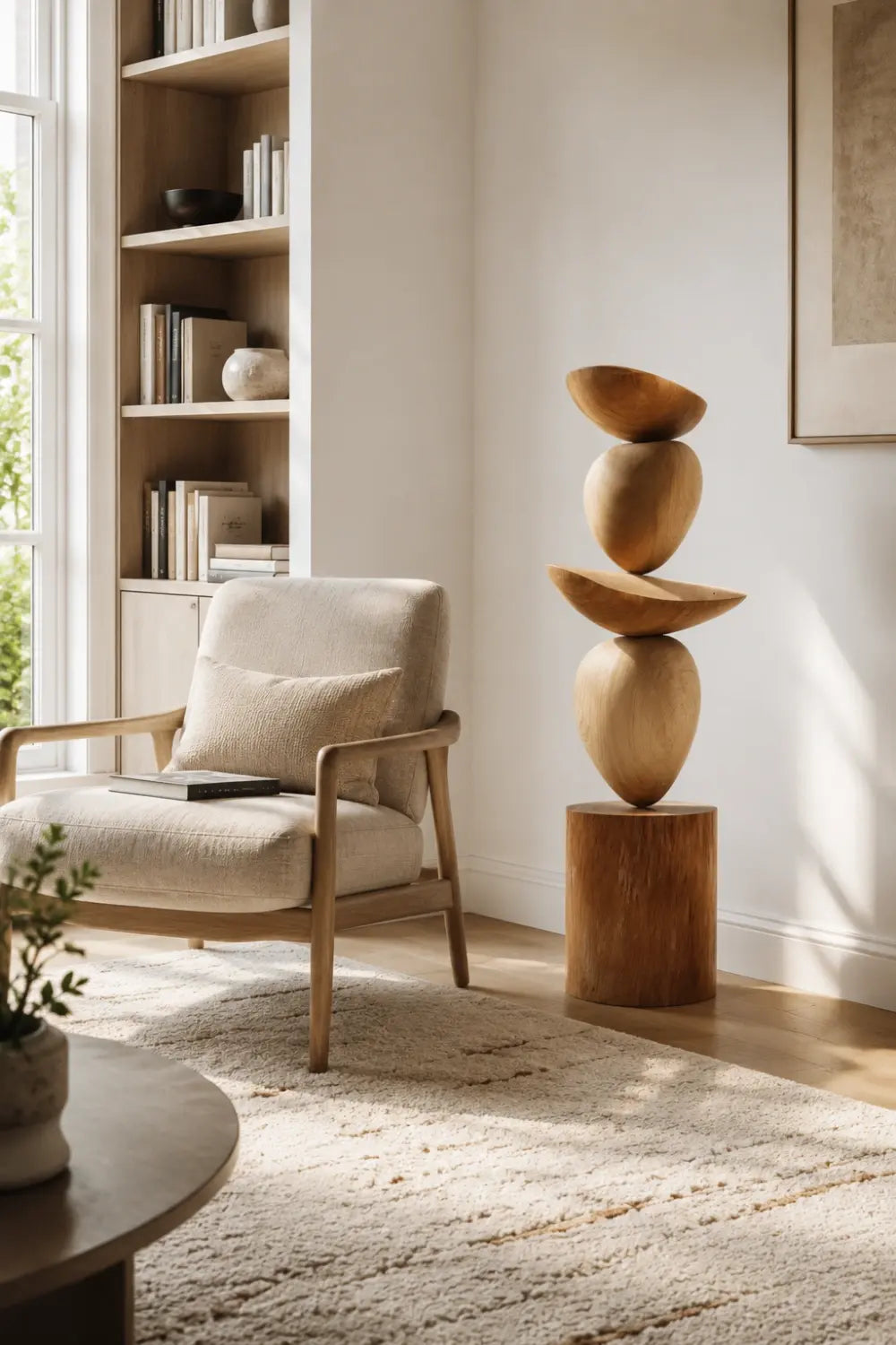 Large Balanced Wood Cairn Sculpture | Zen Stacked Stone Decor | Minimalist Totem Art