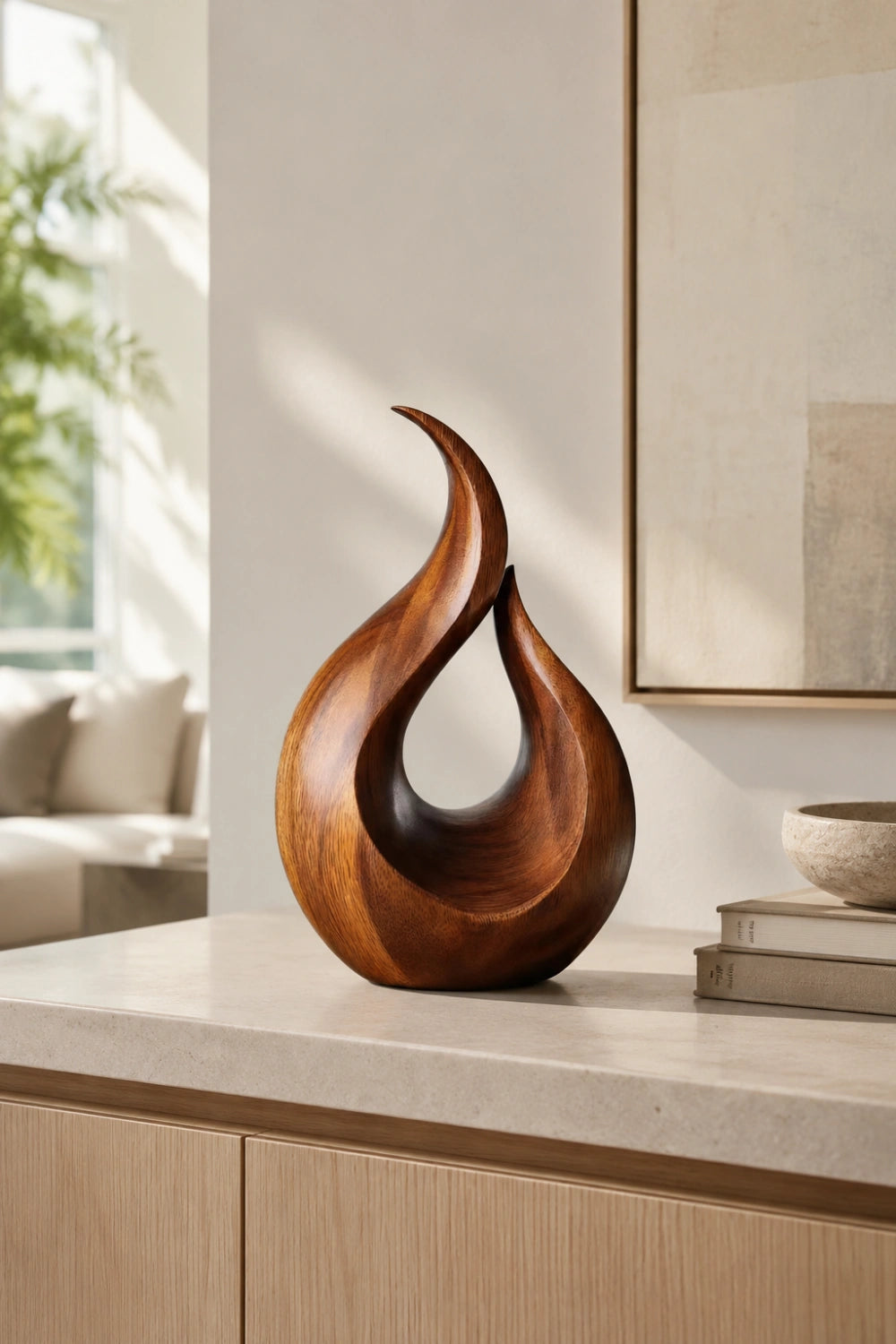 Abstract Wood Flame Sculpture | Tabletop Organic Statue | Modern Desk & Shelf Decor