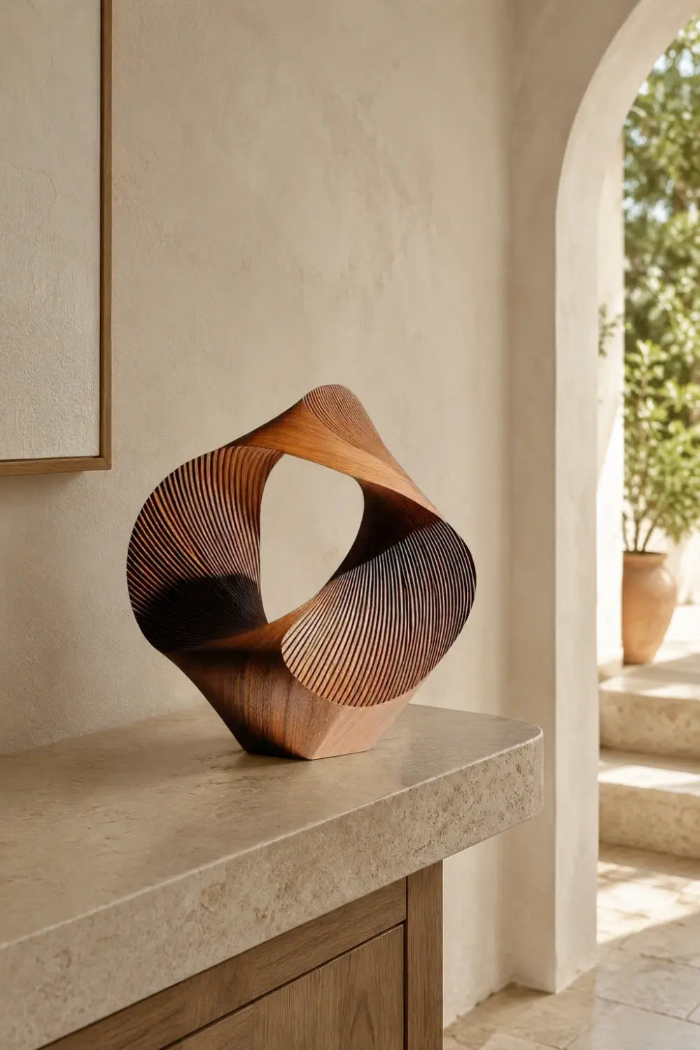 Abstract Wood Sculpture | Fluted Geometry Statue | Modern Tabletop Art
