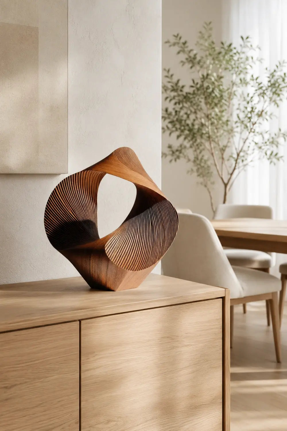 Abstract Wood Sculpture | Fluted Geometry Statue | Modern Tabletop Art