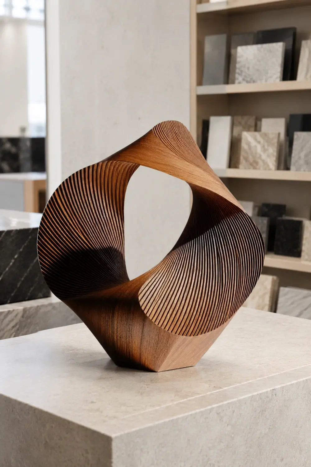 Abstract Wood Sculpture | Fluted Geometry Statue | Modern Tabletop Art