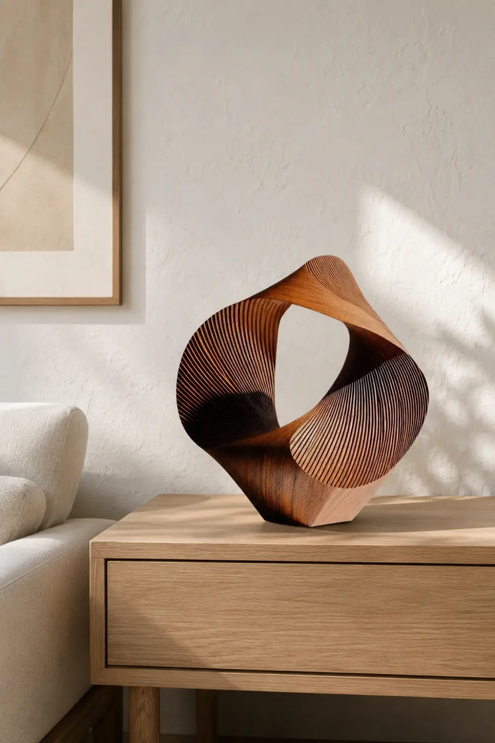 Abstract Wood Sculpture | Fluted Geometry Statue | Modern Tabletop Art