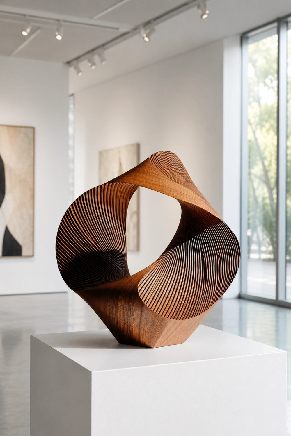 Abstract Wood Sculpture | Fluted Geometry Statue | Modern Tabletop Art