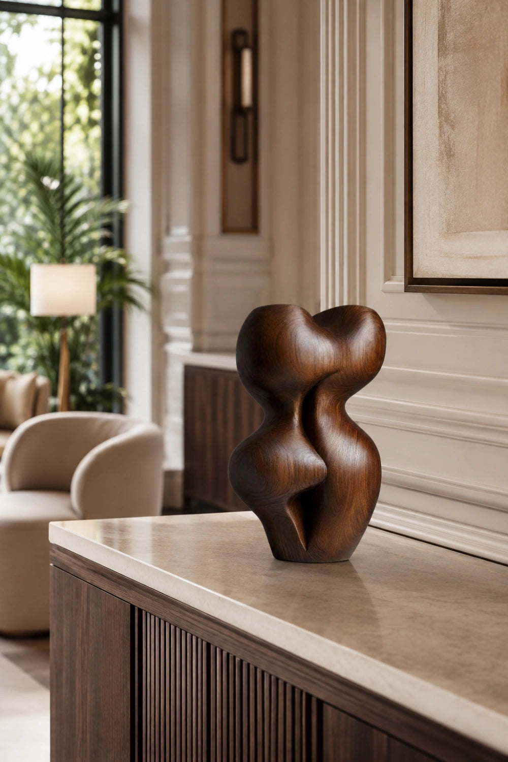 Biomorphic Wood Sculpture | Abstract Curved Statue | Modern Accent Art