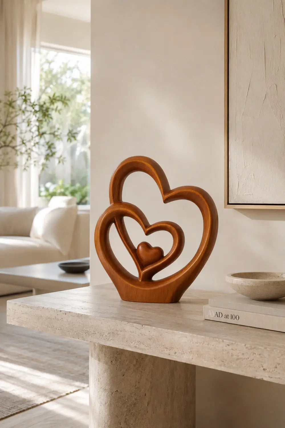 Carved Wood Triple Heart Statue | Love Decoration Gift