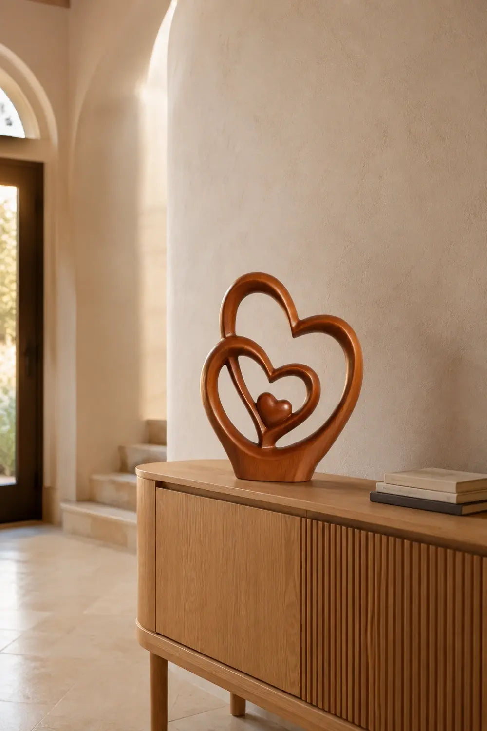 Carved Wood Triple Heart Statue | Love Decoration Gift