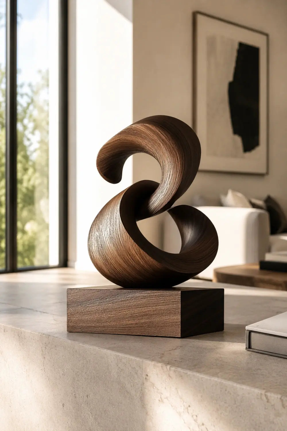 Interlocking Wood Sculpture | Dark Walnut Abstract Twist Art