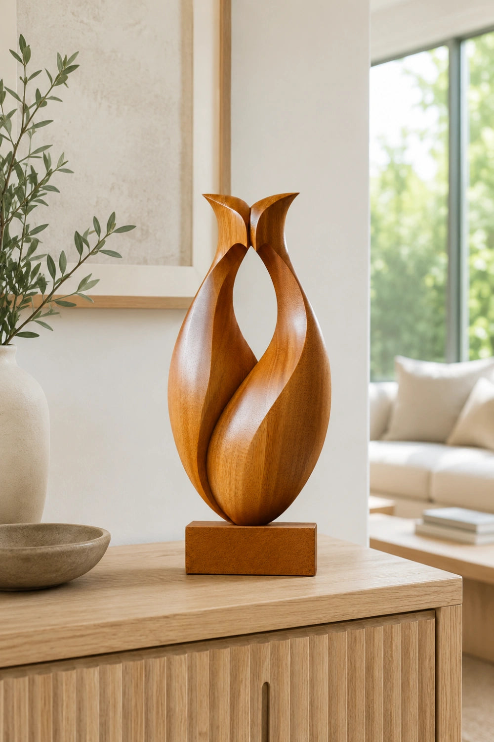 Abstract Wood Tulip Sculpture | Modernist Botanical Shelf Decor | Minimalist Art Gift