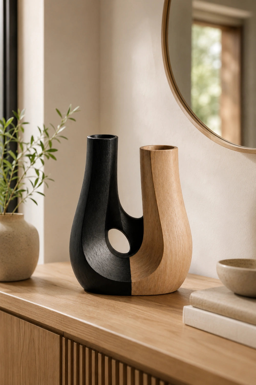 Japandi Two-Tone Wooden Vase | Abstract U-Shaped Decorative Vessel Unique Gift