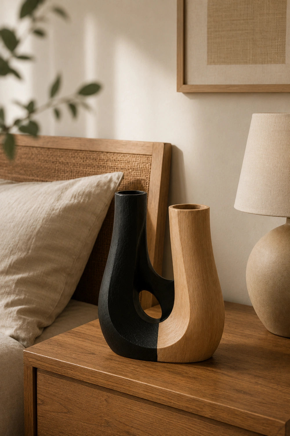Japandi Two-Tone Wooden Vase | Abstract U-Shaped Decorative Vessel Unique Gift