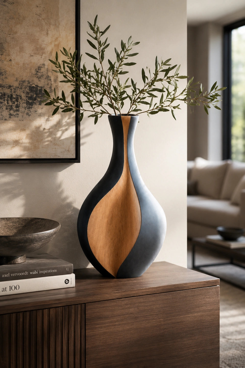 Duo-tone Sculptural Wood Vase | Minimalist Modern Vessel Unique Gift Idea