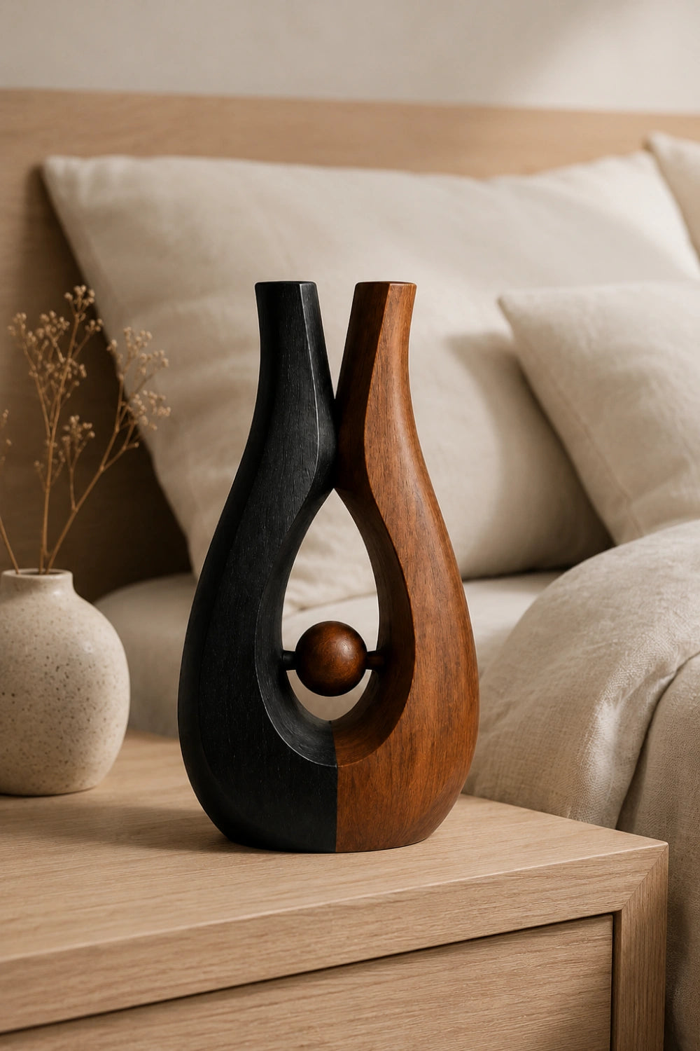 Biomorphic Interlocking Wood Vase | Abstract Two-Tone Sculpture | Unique Aesthetic Gift