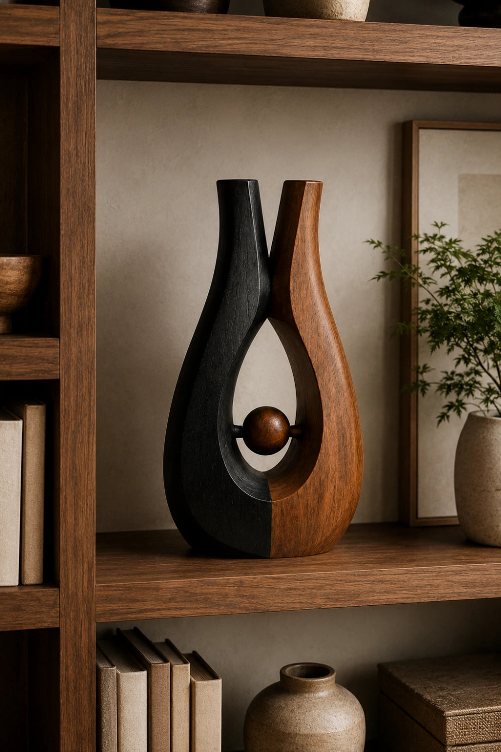 Biomorphic Interlocking Wood Vase | Abstract Two-Tone Sculpture | Unique Aesthetic Gift