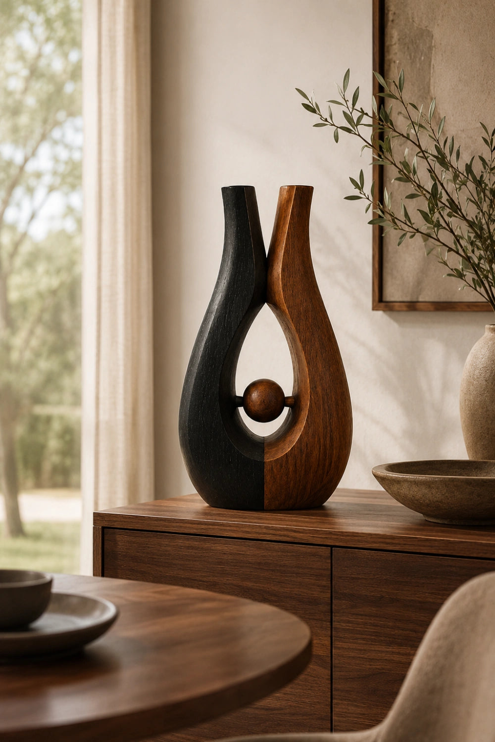 Biomorphic Interlocking Wood Vase | Abstract Two-Tone Sculpture | Unique Aesthetic Gift