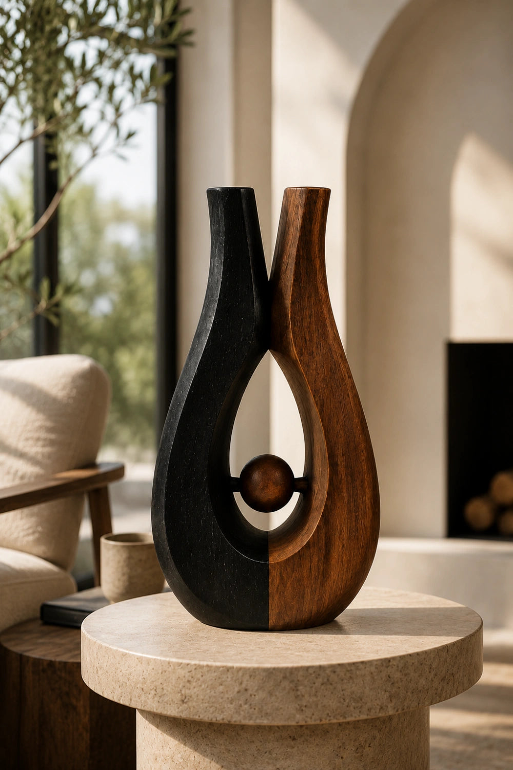 Biomorphic Interlocking Wood Vase | Abstract Two-Tone Sculpture | Unique Aesthetic Gift