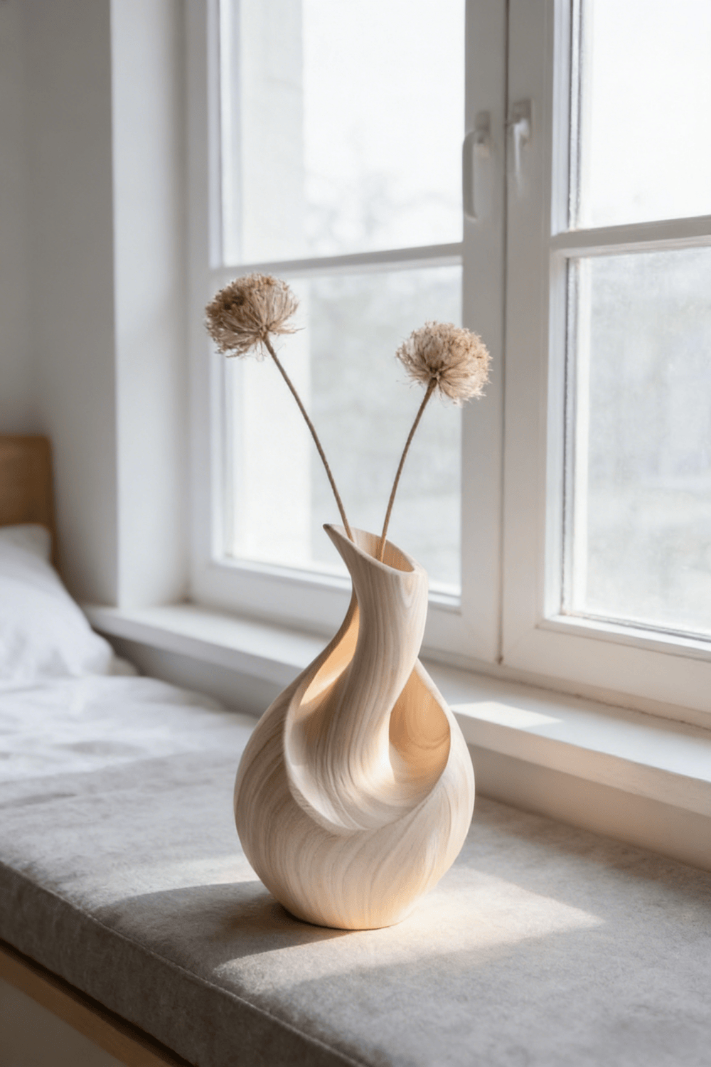 Elegant Spiral White Wood Vase Fluid Organic Decorative Vase for Home Decor
