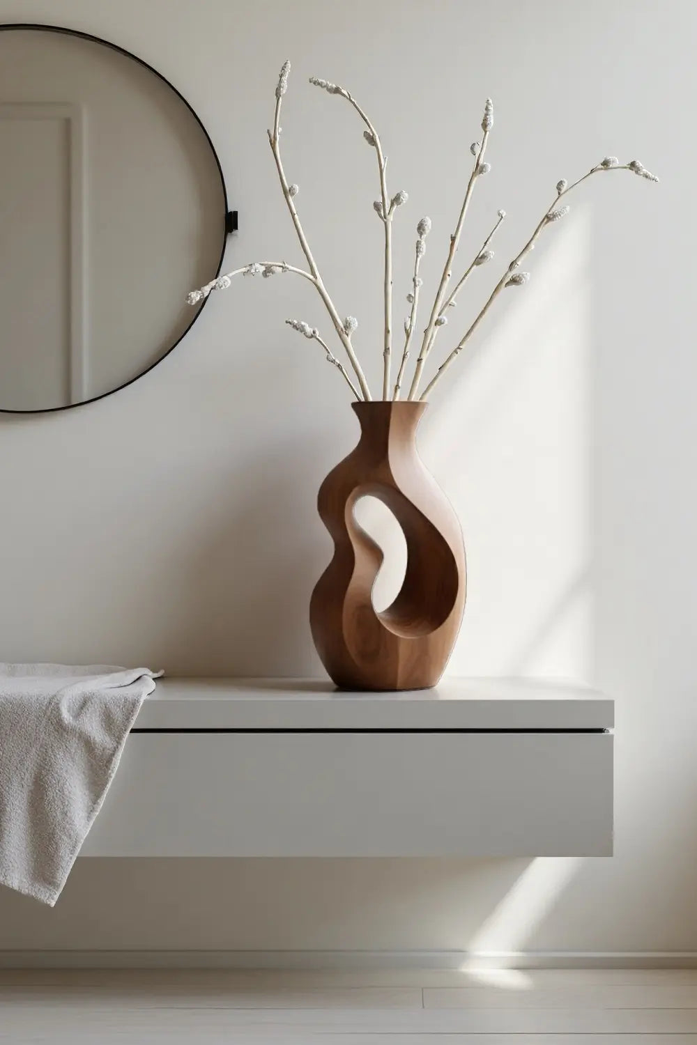 Decorative Solid Wood Vase Modern Abstract Floral Holder for Minimalist Home Decor