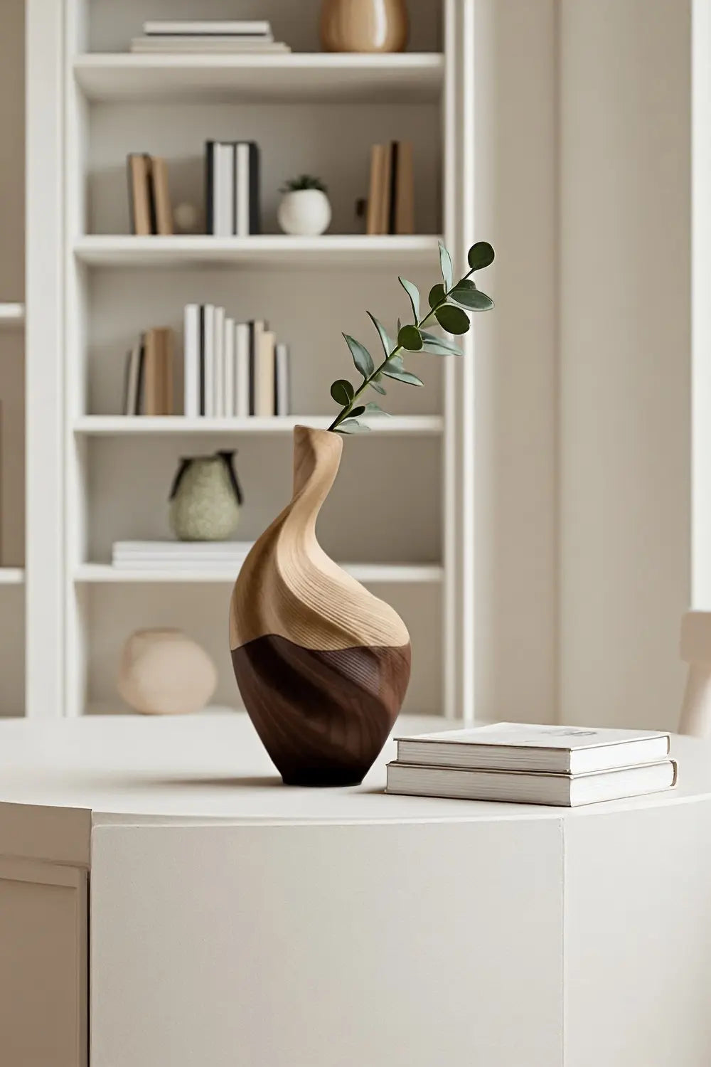 Sculpted Two-Tone Wood Vase Modern Twisted Decorative Flower Vase for Home