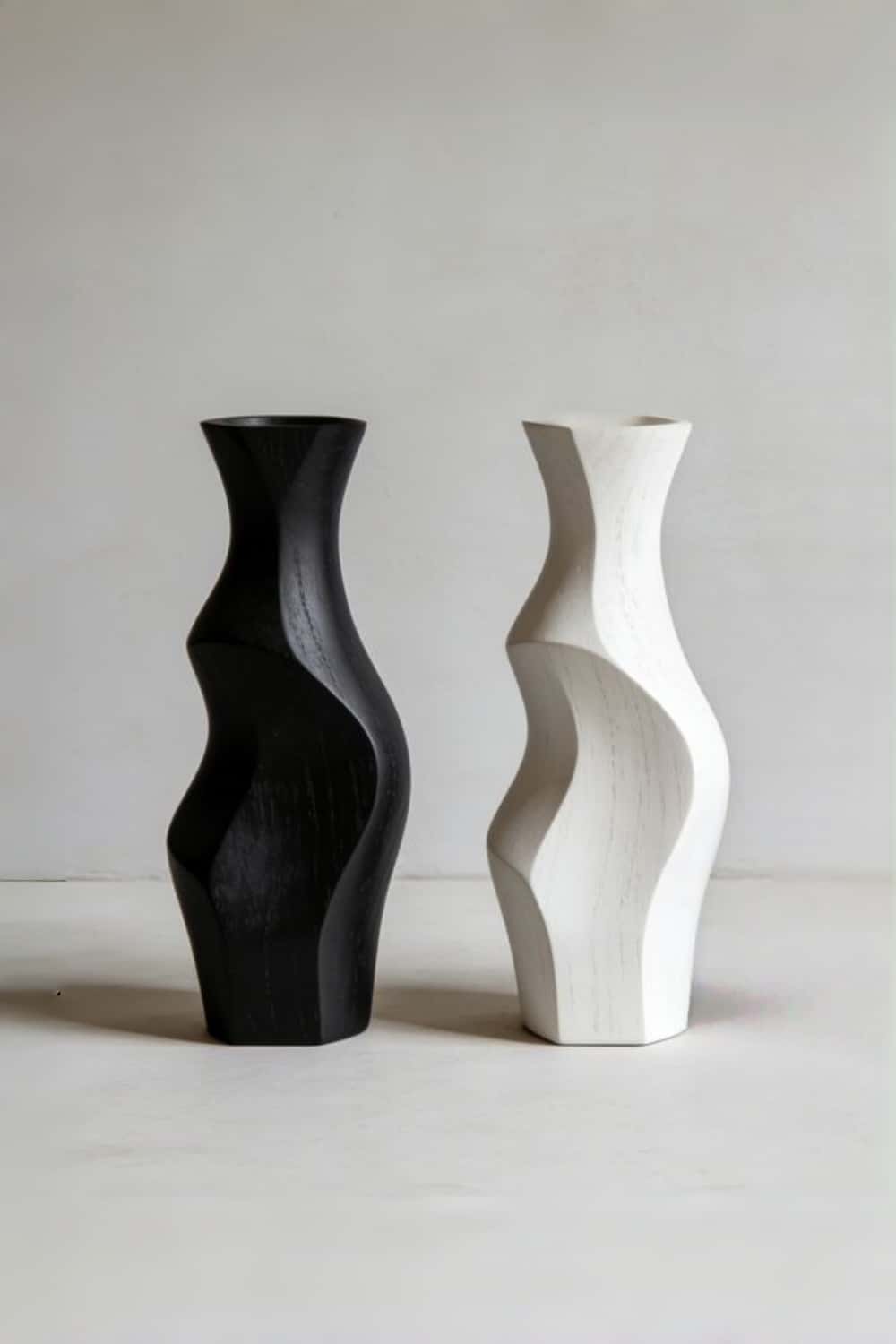 Modern Black and White Wood Vase Set Sleek Wavy Decorative Flower Vase Pair