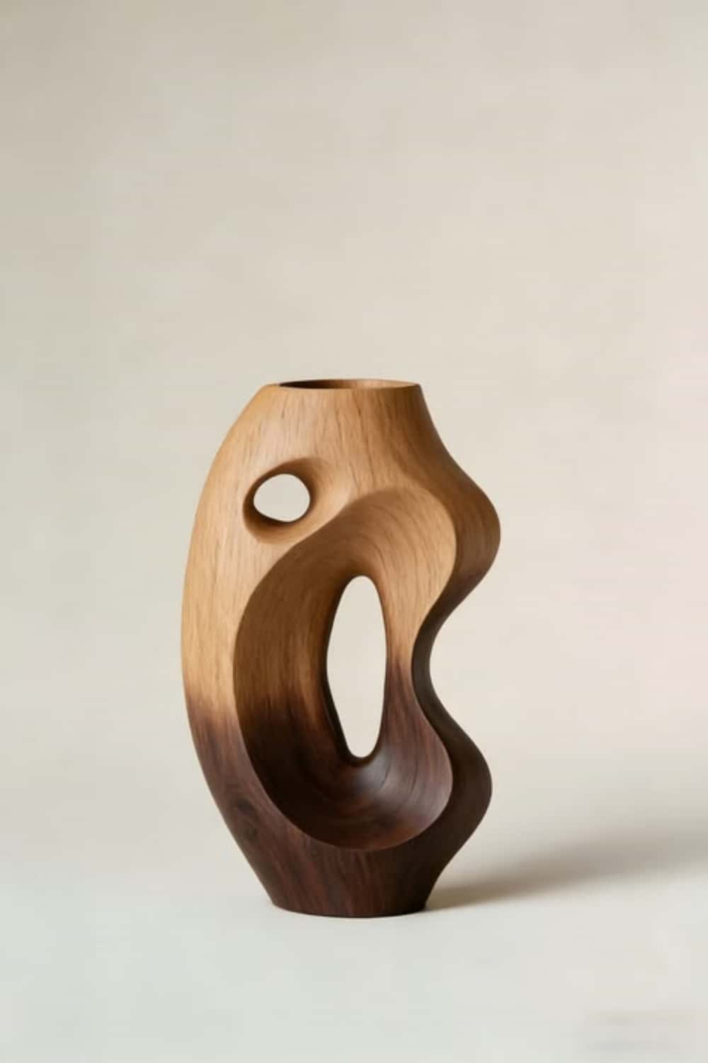 Organic Hollow Wood Art Vase Abstract Solid Wood Centerpiece for Living Room