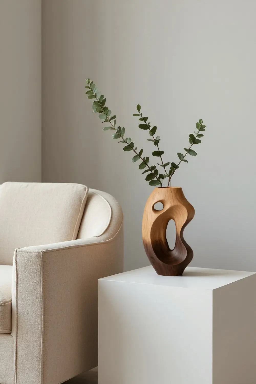 Organic Hollow Wood Art Vase Abstract Solid Wood Centerpiece for Living Room