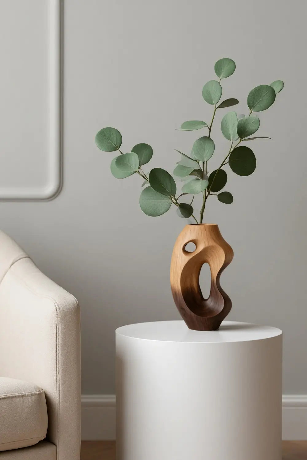 Organic Hollow Wood Art Vase Abstract Solid Wood Centerpiece for Living Room