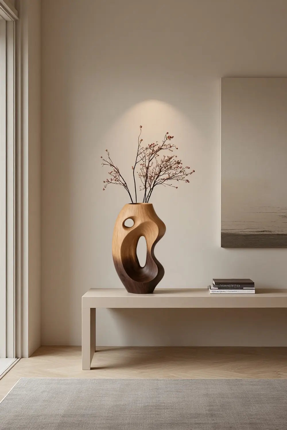 Organic Hollow Wood Art Vase Abstract Solid Wood Centerpiece for Living Room